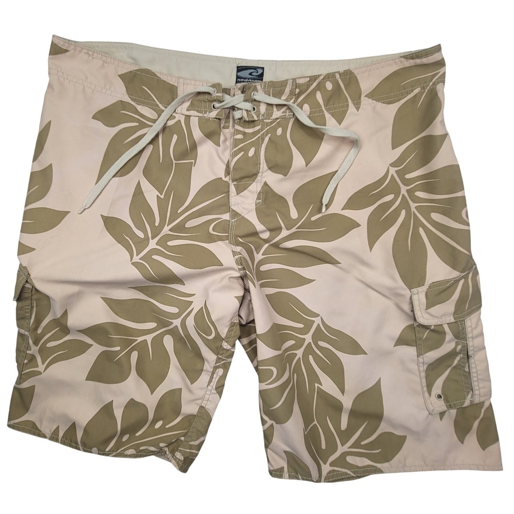 Hawaiian Performance Surfwear Board Shorts Mens 40 Tan Beige Tropical Leaf Cargo